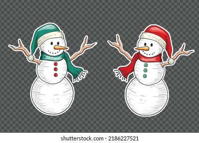 Vector Vintage Style Hand Drawn Snowman Set for New Year and Christmas graphic designs. Isolated Snowman with red and green Christmas hat, winter scarf and green buttons. Carrot nose and olives eyes.
