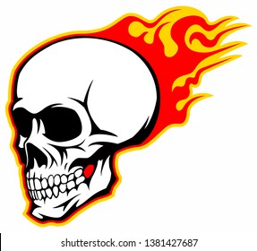 Vector vintage style human skull with forks of flame, isolated on white background.