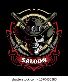 Vector vintage style human skull in the cowboy hat, with the two crossed pickaxes and ornament on background. Vintage style print design.