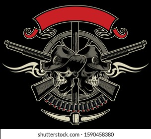 Vector vintage style human skulls in the cowboy hats, with the two crossed shotguns, pick axe, bullets and ornament on background. Vintage style print design.
