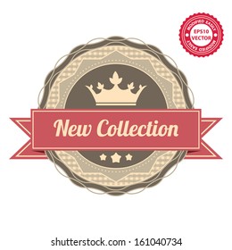 Vector : Vintage Style Icon or Badge for Marketing Campaign or Product Information Concept Present By Circle Brown Vintage Style Icon With Premium Quality and Crown Sign Isolated on White Background 