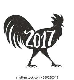 Vector vintage style illustration with cock black silhouette. 2017 chinese new year. Rooster symbol logo for eastern calendar. Black and white typography poster