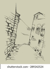 Vector vintage style illustration - old town's street