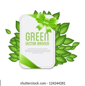 Vector vintage style label / banner with green leaves and silky bow knot