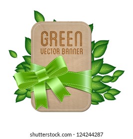 Vector vintage style label / banner with green leaves and silky bow knot