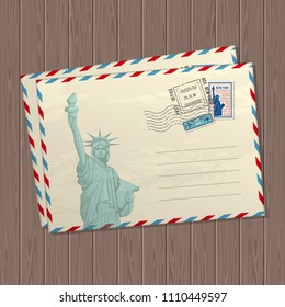 Vector vintage style letters with the statue of liberty, marks and stamps of usa and place for text on wooden texture background. Postcard with landmark postmark illustration