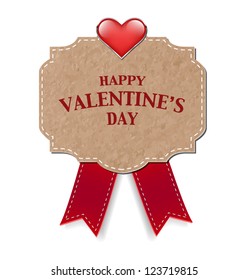Vector vintage style old paper valentine's day greeting card decorated with red silky bow and a glossy heart