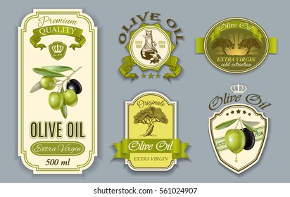 Vector estilo vintage etiquetas de azeite conjunto. Design elegante para embalagens de azeite. Somente fontes livres usadas. Nomes de fonte incluídos nas camadas