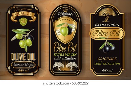 Vector vintage style olive oil labels with realistic plant branches and graphic symbols on wooden background. Luxury gold and black design for olive oil packaging. Font names included in the layers