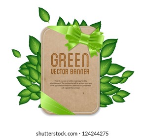 Vector vintage style paper textured label / banner with green leaves and silky bow knot