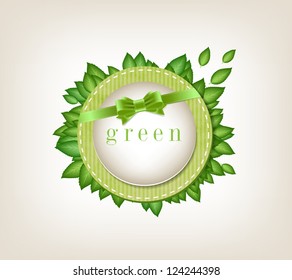 Vector vintage style paper textured label with green leaves and silky bow knot