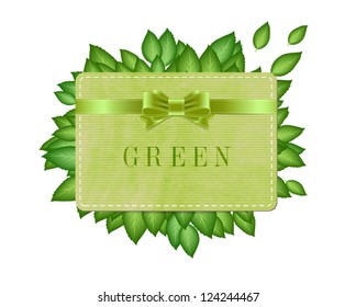 Vector vintage style paper textured label / banner with green leaves and silky bow knot