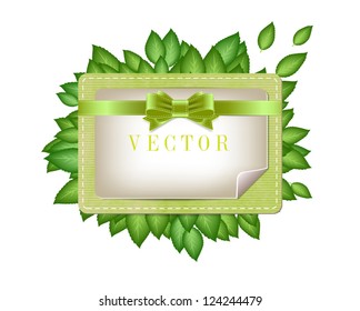 Vector vintage style paper textured label / banner with green leaves and silky bow knot
