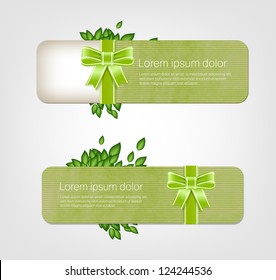Vector vintage style paper textured labels / banners with green leaves and silky bow knots