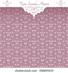 Vector, vintage style, pink seamless pattern with lacy hearts, each color pattern merged into a separate group. Pattern and decoration (shadow, ribbon and etc.) are on separate layers.
