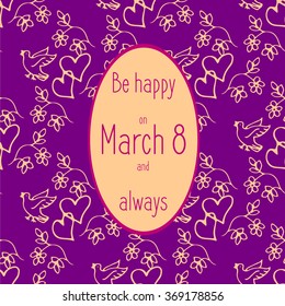 Vector vintage style postcard for the International Women's Day. March 8 postcard template with retro style hand-drawn background and text in frame. Violet and beige 8 March design.