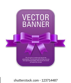 Vector vintage style purple retro banner decorated with satin ribbon and bow