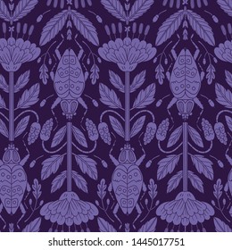 vector vintage style seamless pattern with silhouette beetles and blooms on a dark violet background