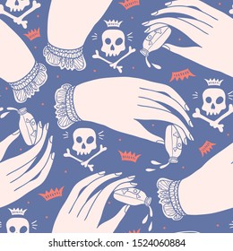 vector vintage style seamless pattern with female hands and funny skulls