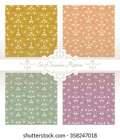 Vector, vintage style, set of four colored seamless patterns with lacy hearts, each pattern merged into a separate group.  Patterns and decoration (shadow, ribbon and etc.) are on separate layers.