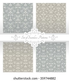 Vector, vintage style, set of four grey seamless pattern with lacy hearts, each pattern merged into a separate group. Patterns and decoration (shadow, ribbon and etc.) are on separate layers.