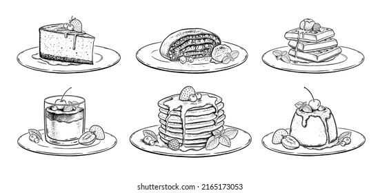 Vector vintage style sketch illustrations collection desserts   cakes plates isolated white background 