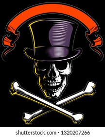 Vector vintage style skull in the dark, with cylinder hat and crossbones, with the red ribbon at the top, isolated on black background.