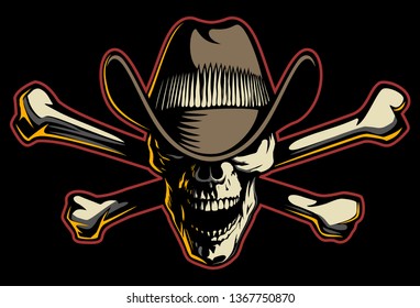 Vector vintage style skull in the dark, with cowboy hat and crossbones, isolated on black background.