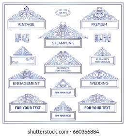 Vector vintage style, Steampunk, abstract mechanical elements for design. Hand drawn boxes with place for text, perfect for headers, title, invitation or card. Rectangle box. Blue watercolor style