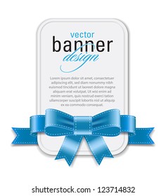 Vector vintage style white retro banner decorated with blue satin ribbon and bow