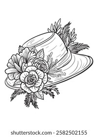 Vector vintage style women's hat, floral arrangement, rose, peony, leaves, black and white illustration, isolated, print, sketch