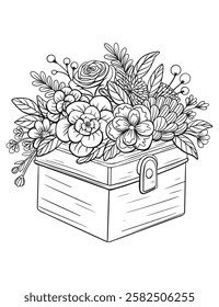 Vector vintage style wooden jewelry box, floral arrangement, rose, peony, leaves, black and white illustration, isolated, print, sketch