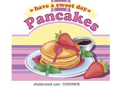 Vector vintage styled pancakes poster. Strawberry, Coffee, jam, mint. Cafe