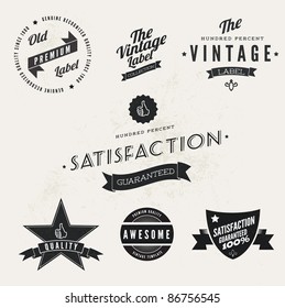 Vector Vintage Styled Premium Quality and Satisfaction Guarantee Label  collection with black grungy design.