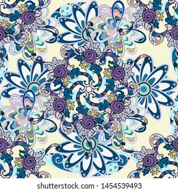 Vector. Vintage. Stylish fabric pattern. Seamless Doodles neutral, blue and black on colors.