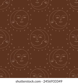 Vector vintage stylish moon faces and stars characters ornament. Hand-drawn set of crescent moons mystic celestial stellar space seamless pattern. Antique wrapping modern abstract cosmic paper clip