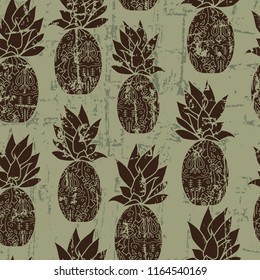 Vector vintage stylized pineapple seamless pattern with scratched texture effect. Perfect for fabric, apparel and accessories, home decor, stationery, packaging, gift wrap.