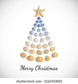 Vector Vintage Summer New Year Card. Nautical Christmas Tree with Starfish and Sea Shells. Text Merry Christmas. 