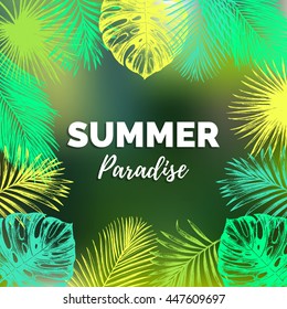 Vector vintage summer paradise illustration. Exotic palm leaves background. Hand sketched jungle foliage poster. Color tropic plants frame.