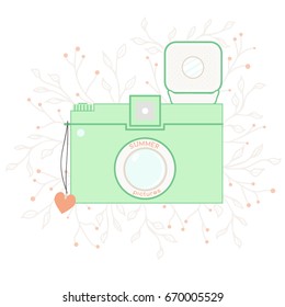 Vector vintage summer photo camera on floral background