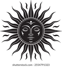 Vector vintage sun with a face, engraving style, esoteric and occult magic signs isolated on white background