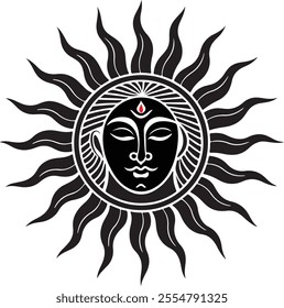 Vector vintage sun with a face, engraving style, esoteric and occult magic signs isolated on white background