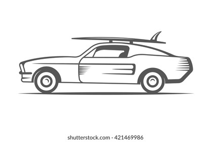 Vector vintage surfing car. Surf auto on white background.