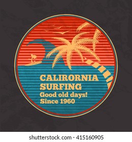 Vector vintage surfing poster - California Surfing, good old days. With palms, birds, wave and silhouette of surfing man. Retro style.