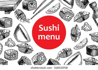 Vector Vintage Sushi Restaurant Menu Illustration. Hand Drawn Banner. Great For Menu,  Flyer, Card, Business Promote.