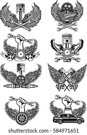 Vector of vintage symbols. Car and Motorbike Service and retro motor candle vector icon. Engine sign. 