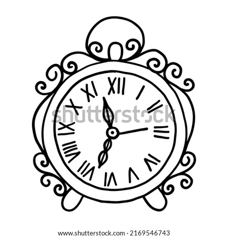 VECTOR VINTAGE TABLE CLOCK ISOLATED ON WHITE BACKGROUND. DOODLE DRAWING BY HAND