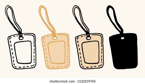 Vector vintage tag for a gift in a flat style. hand-drawn in the doodle style, black outline and silhouette, as well as brown elements of rectangular tags with a string, empty on a white 