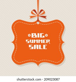 Vector vintage tag. Red background with ribbon and bow. Big summer sale. Decorative illustration for print, web