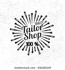 Vector vintage tailor shop banner. Logo for sewing shop or sewing workshop. Sewing Supplies - Tailoring needle with black and white vector grunge texture.